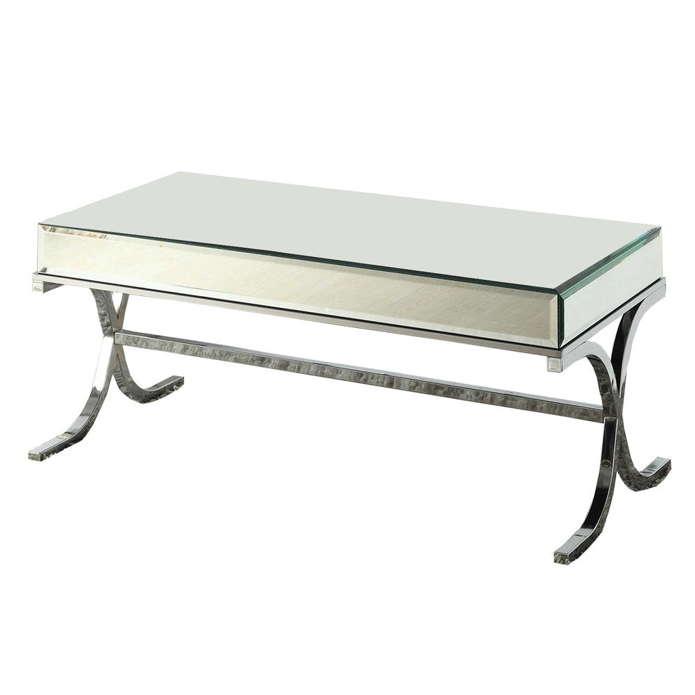 42" Clear and Silver Mirrored Glass And Iron Sled Coffee Table