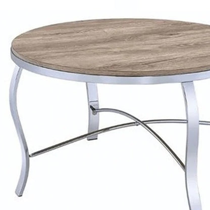 19" Gray And Brown Wood And Stainless Steel Round End Tables