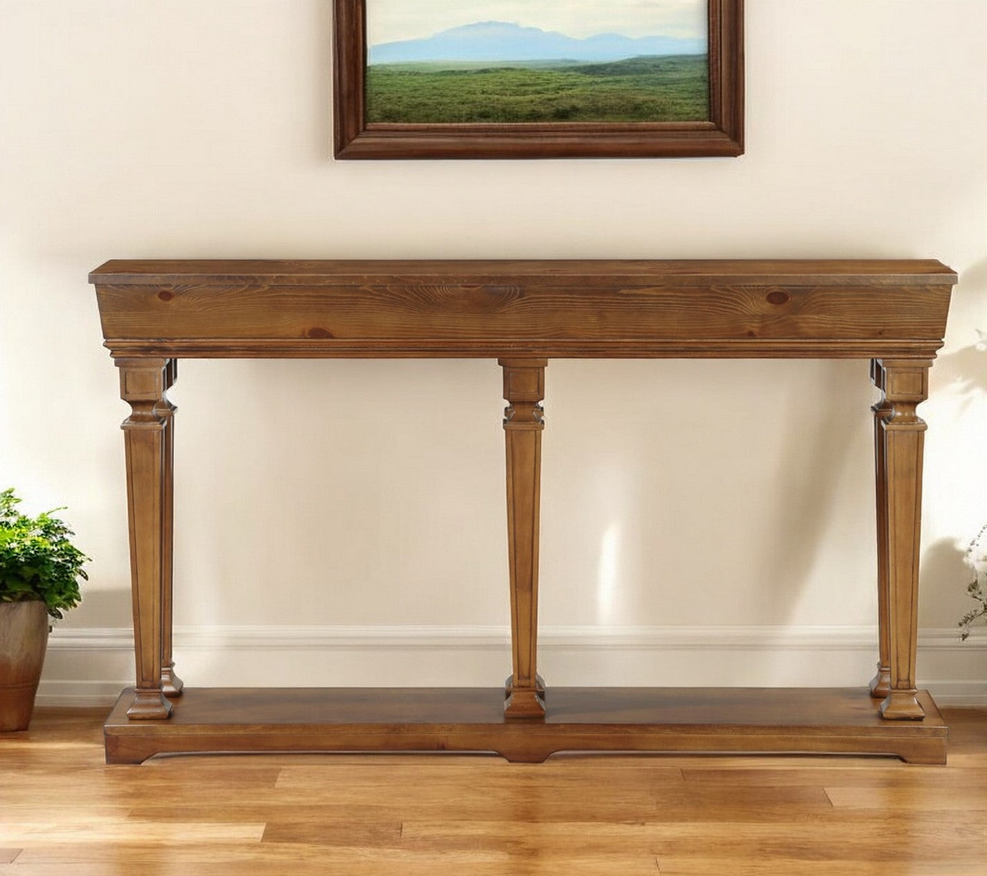 60" Brown Solid Wood Floor Shelf Console Table