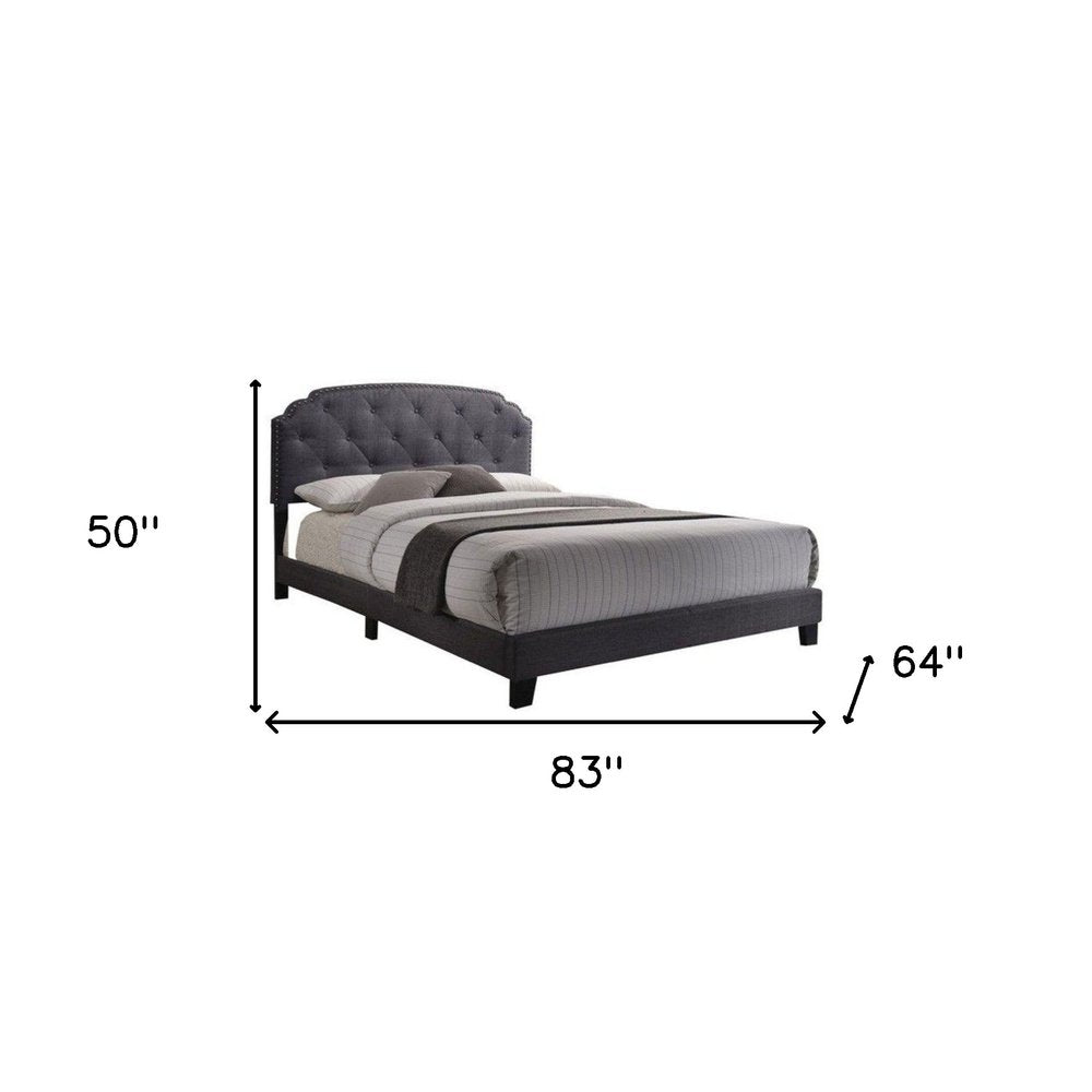 Gray Wood And Tufted Linen Queen Bed Frame with Nailhead Trim