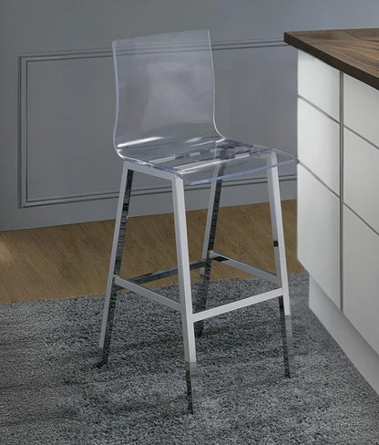 39" Clear And Silver Acrylic And Metal Counter Height Bar Chair