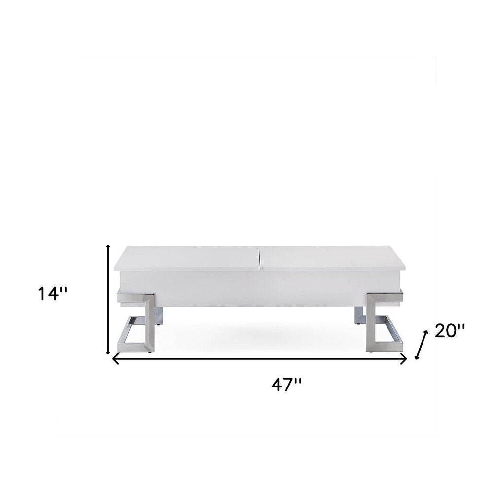 47" White and Silver Wood And Metal Lift Top Sled Coffee Table