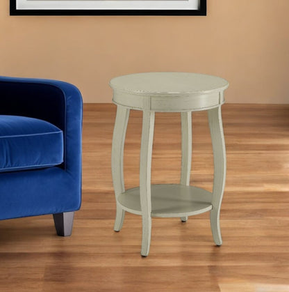 24" Teal Blue Solid Wood Round End Table With Shelf