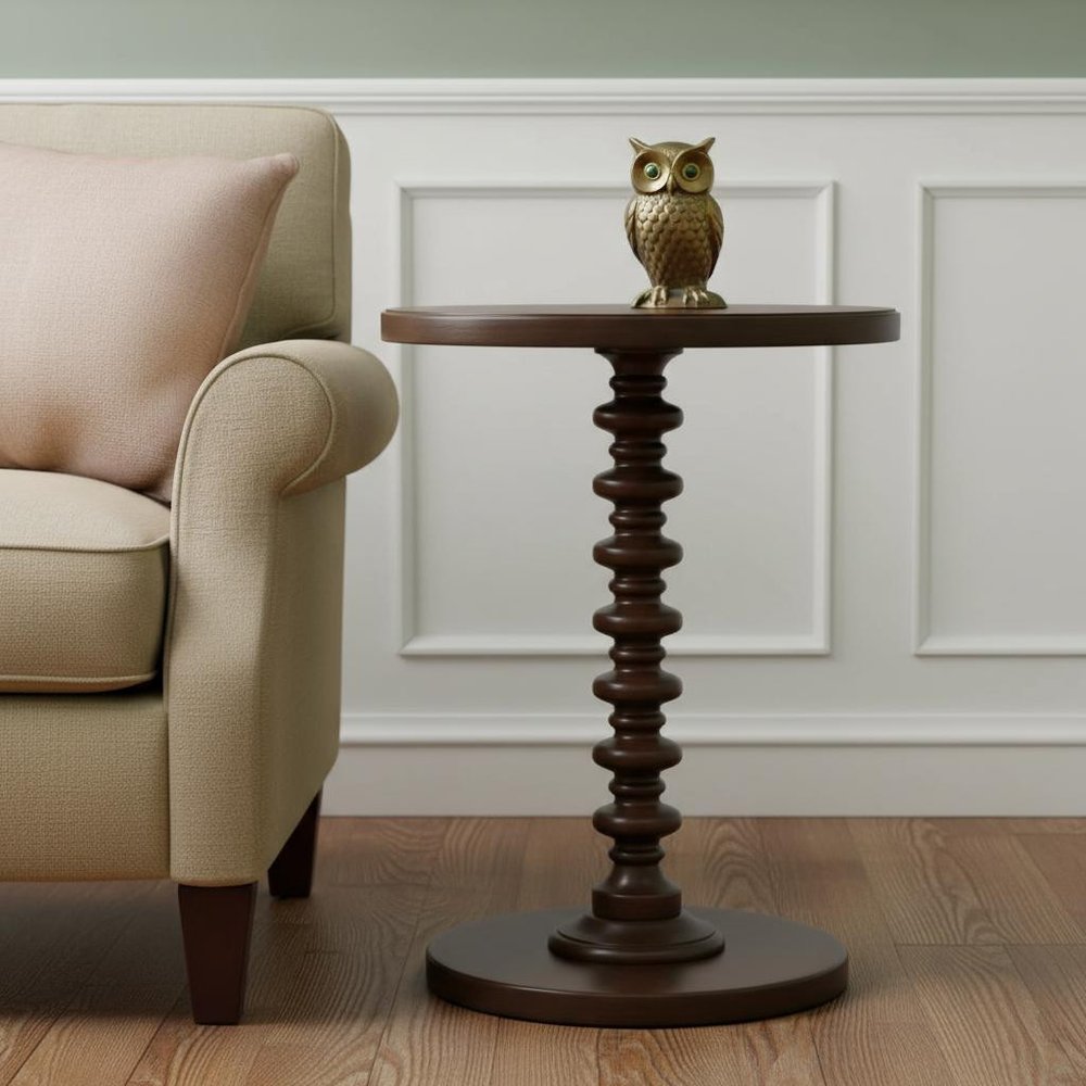 22" Brown Solid Wood Round Pedestal End Table