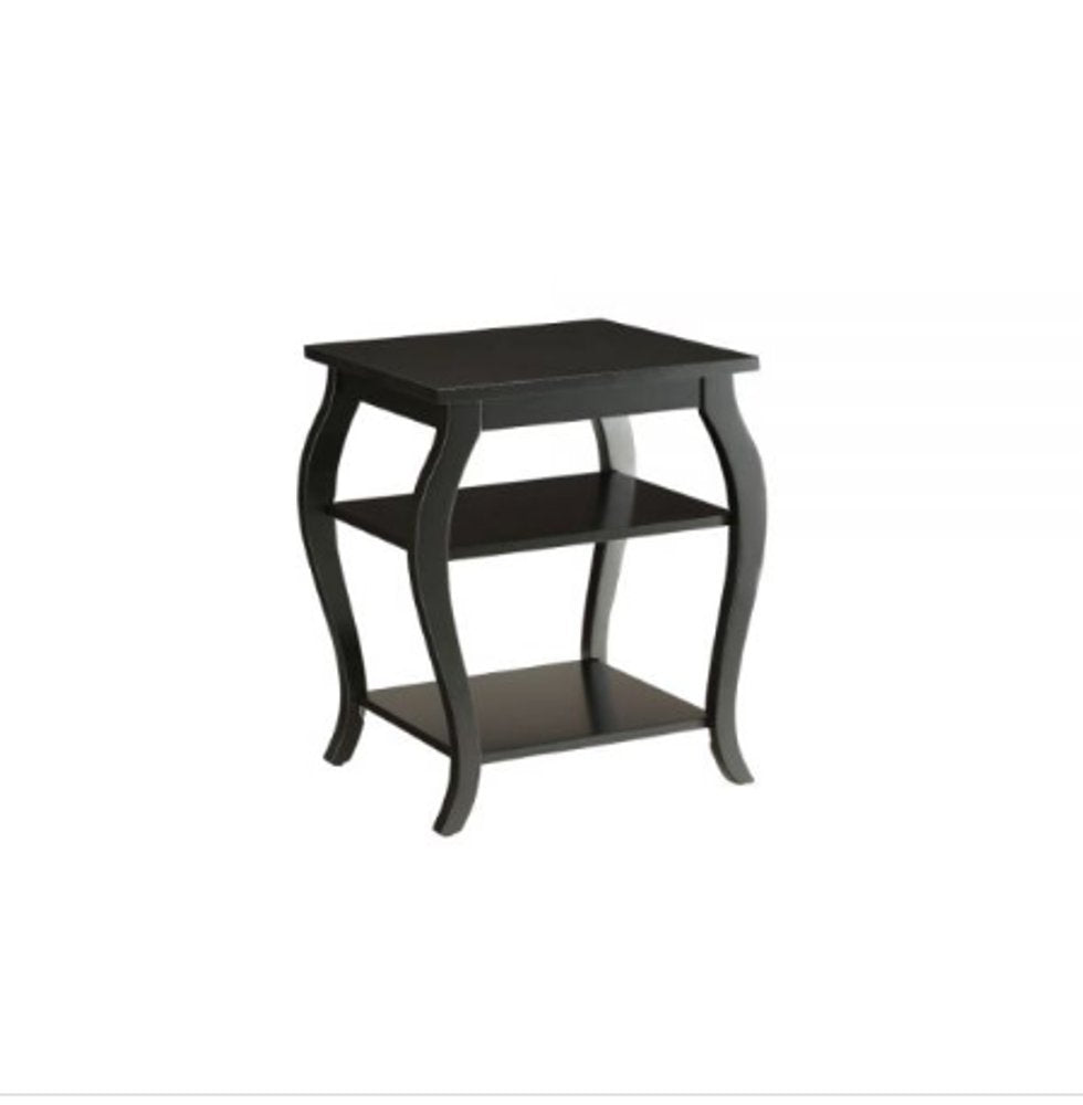 23" Black Wood Bow Leg End Table With Two Shelves