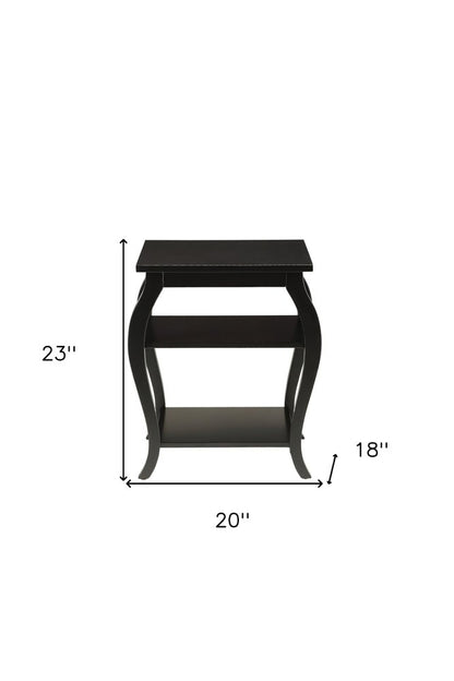 23" Black Wood Bow Leg End Table With Two Shelves