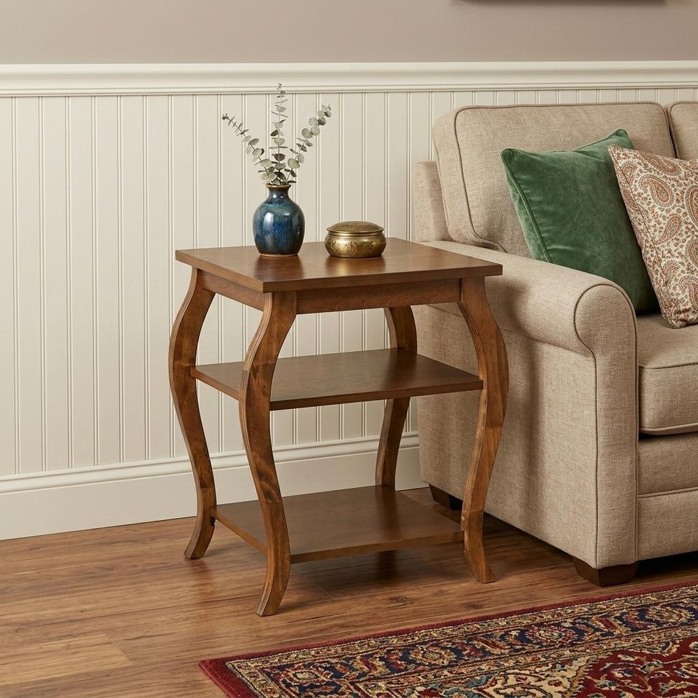 23" Black Wood Bow Leg End Table With Two Shelves