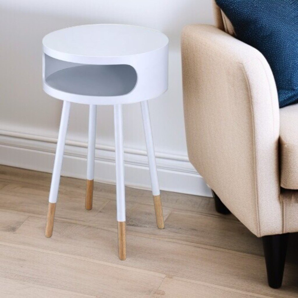 26" White and Natural Solid Wood Round End Table With Shelf