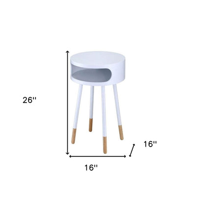 26" White and Natural Solid Wood Round End Table With Shelf