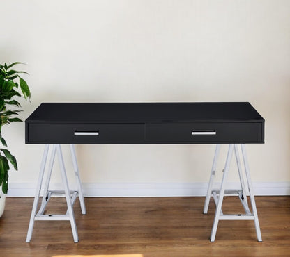 54" Black and Silver Writing Desk With Two Drawers