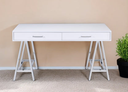 54" White and Silver Writing Desk With Two Drawers