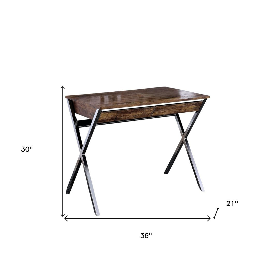 36" Brown and Silver Writing Desk With Two Drawers