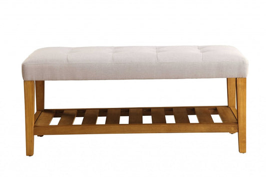 40" Gray and Brown Linen Blend and Solid Wood Upholstered Storage Bench With Shelves