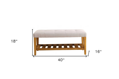 40" Gray and Brown Upholstered Linen Blend Bench with Shelves