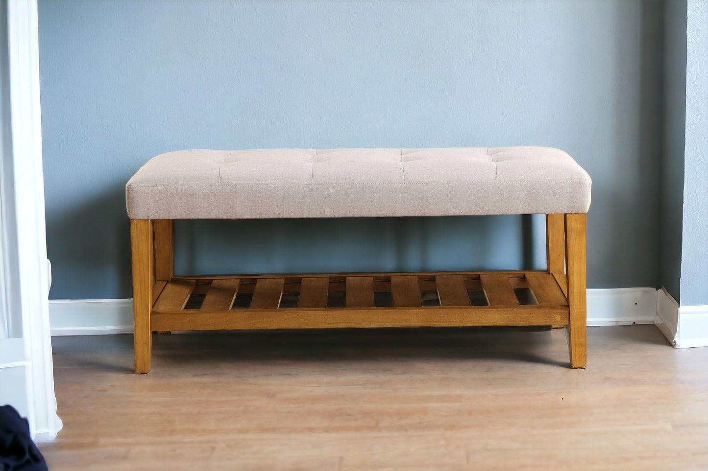 40" Gray and Brown Upholstered Linen Blend Bench with Shelves