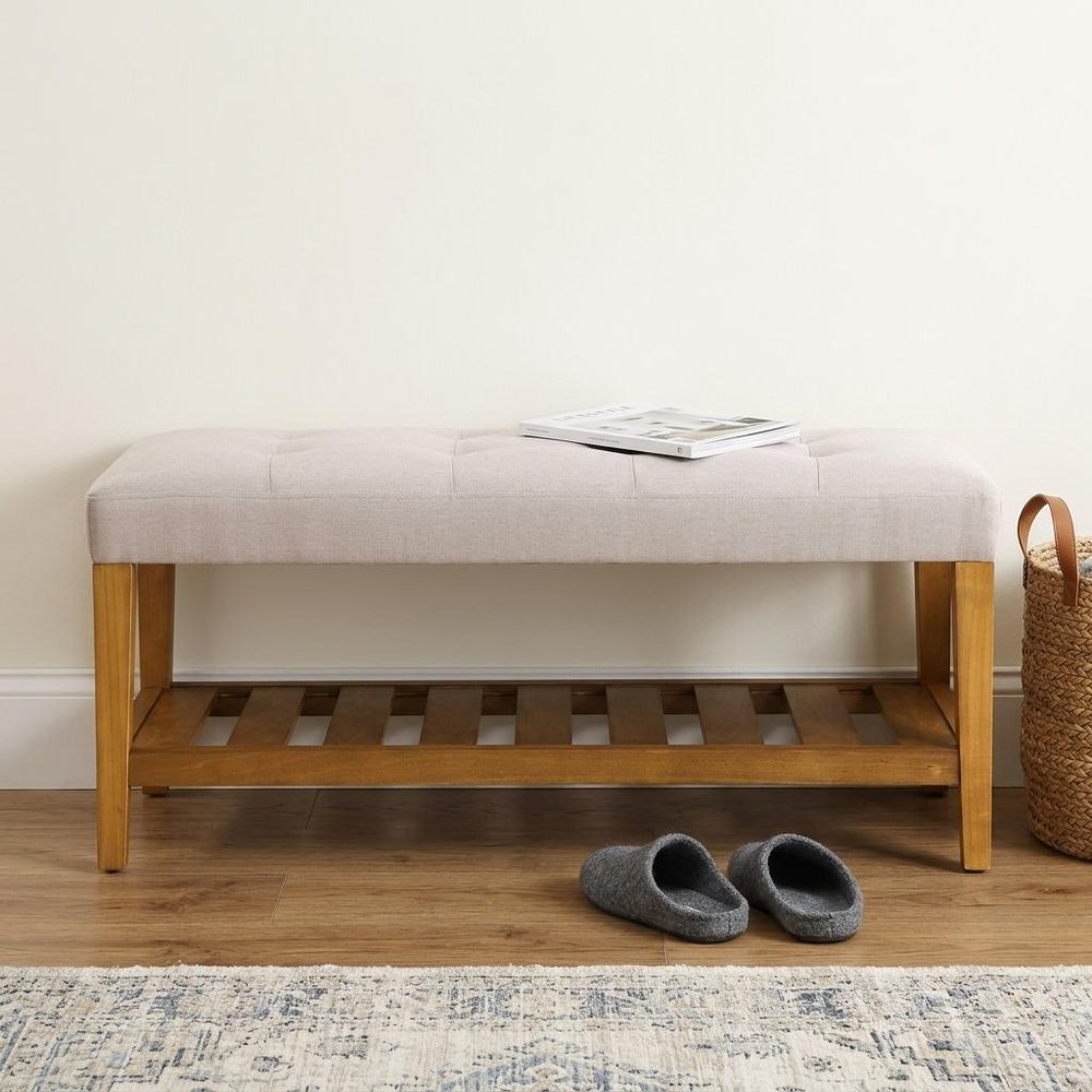 40" Beige and Brown Upholstered Polyester Bench with Shelves