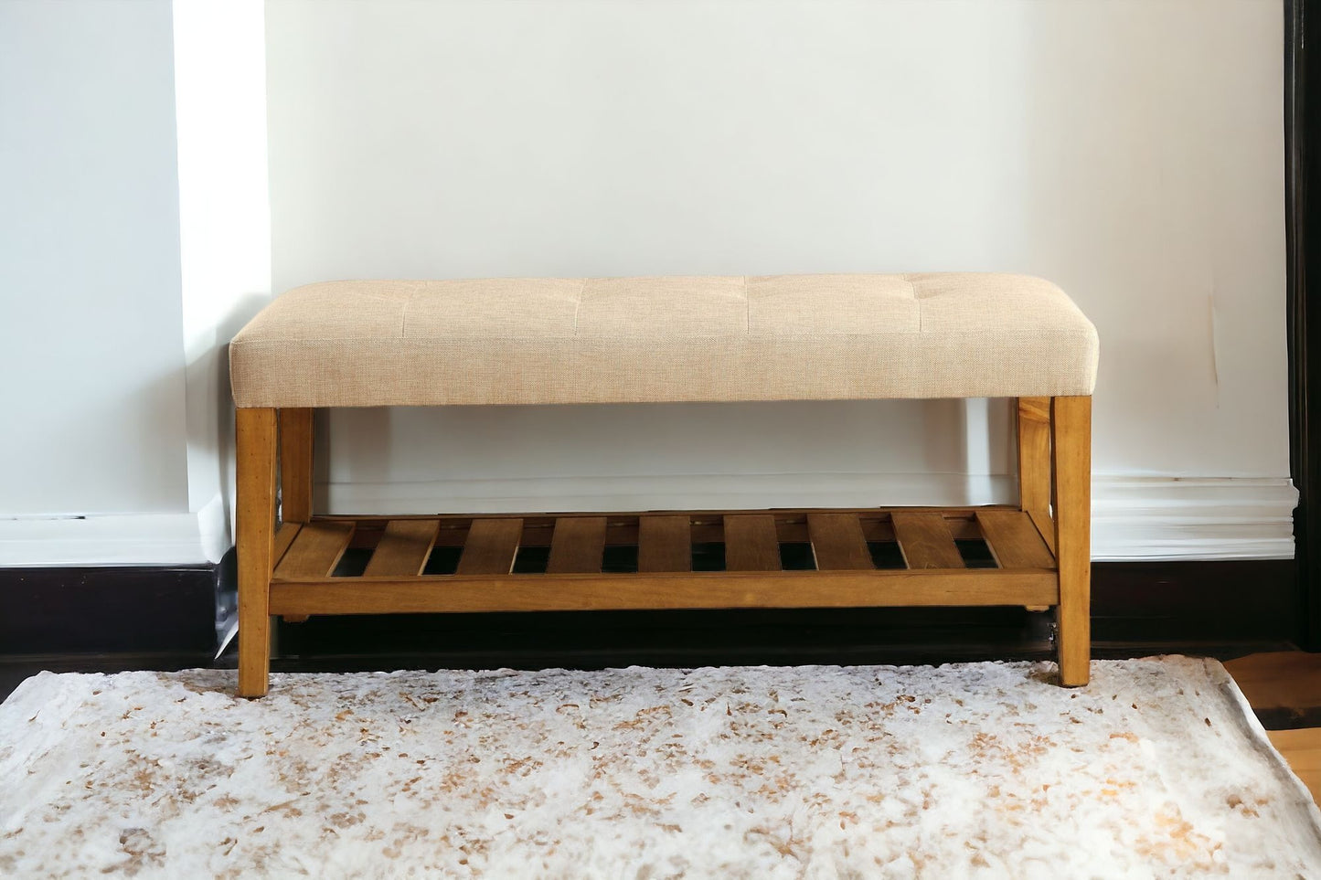 40" Gray and Brown Upholstered Linen Blend Bench with Shelves