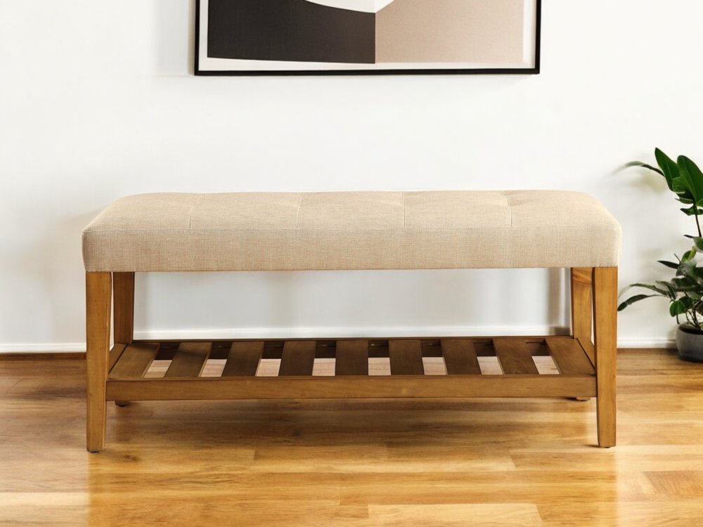 40" Gray and Brown Upholstered Linen Blend Bench with Shelves