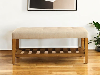 40" Gray and Brown Upholstered Linen Blend Bench with Shelves