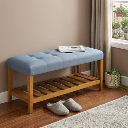40" Beige and Brown Upholstered Polyester Bench with Shelves