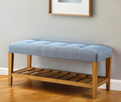 40" Gray and Brown Upholstered Linen Blend Bench with Shelves