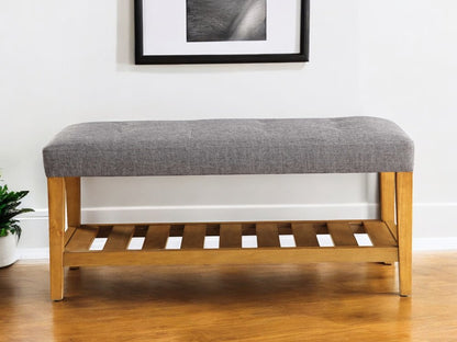 40" Light Gray and Brown Upholstered Polyester Bench with Shelves