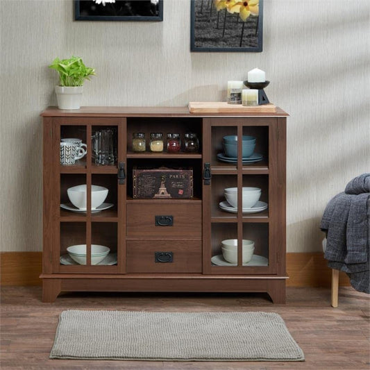 42" Brown Two Drawer Sideboard with Two Glass Doors