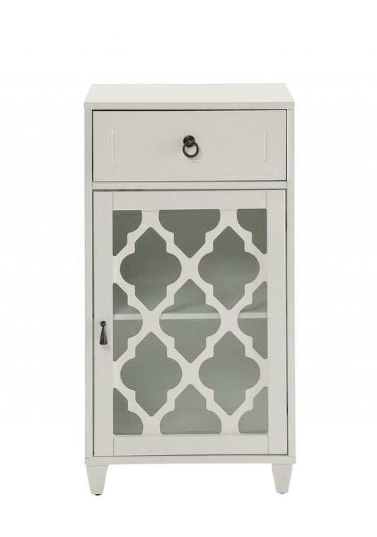 17" White Fret Work Design Glass Door Accent Cabinet