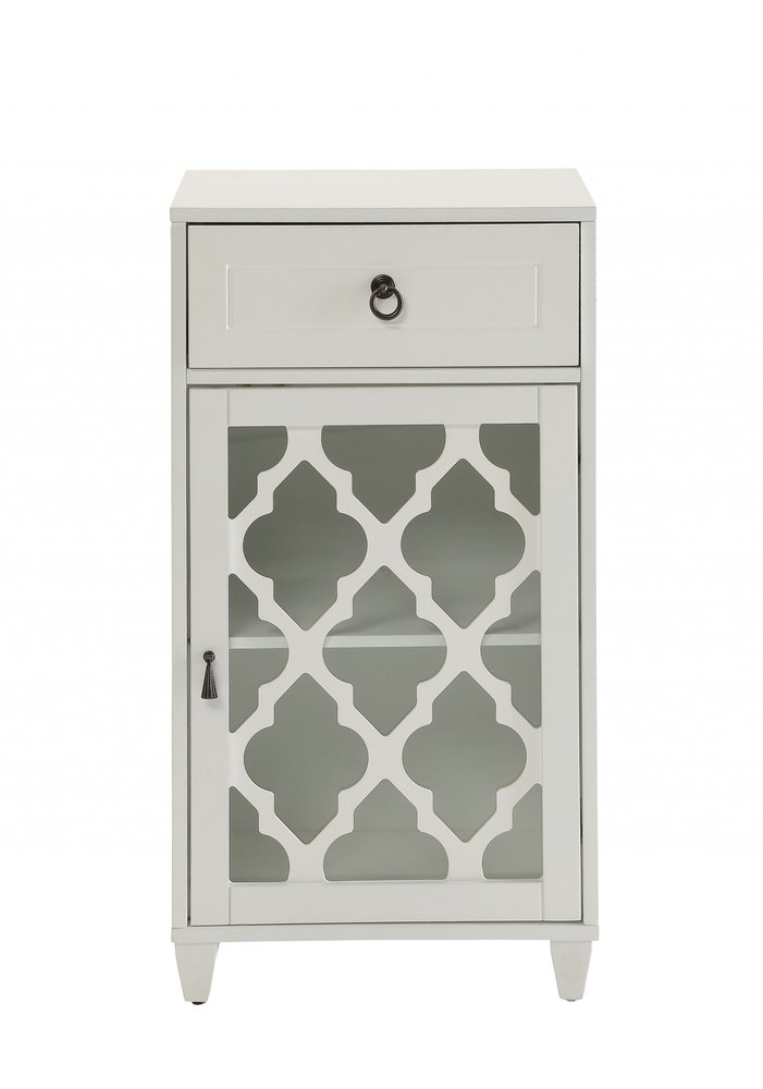 17" White Fret Work Design Glass Door Accent Cabinet