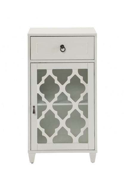 17" White Fret Work Design Glass Door Accent Cabinet