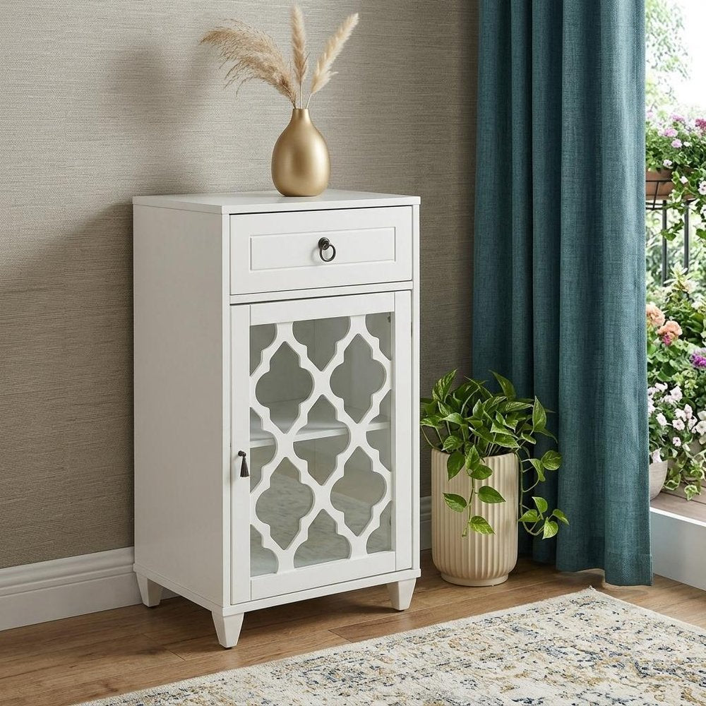 17" White Fret Work Design Glass Door Accent Cabinet