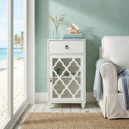 17" White Fret Work Design Glass Door Accent Cabinet