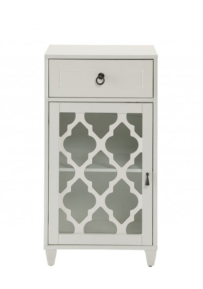 17" White Fret Work Design Glass Door Accent Cabinet