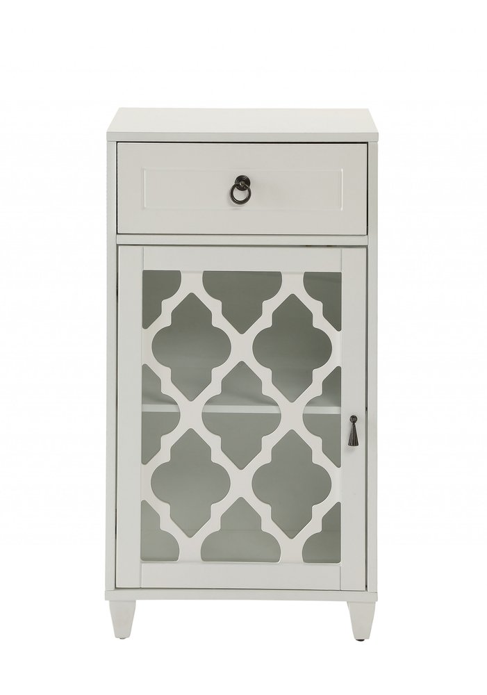 17" White Fret Work Design Glass Door Accent Cabinet