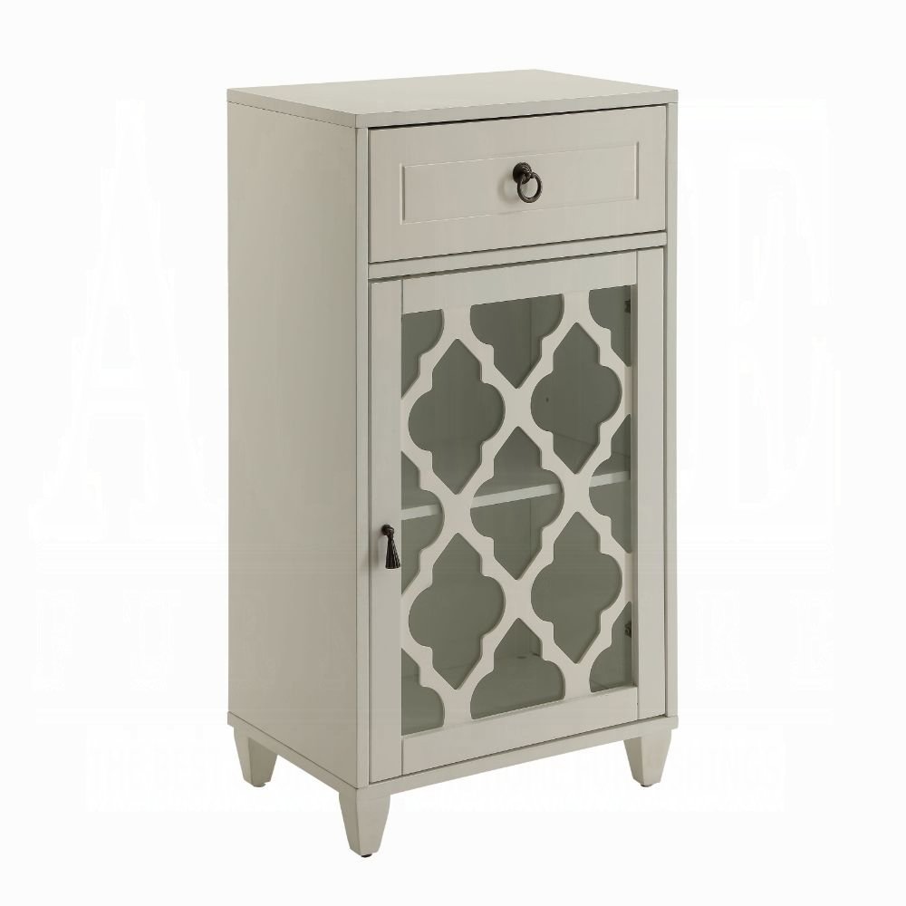 17" White Fret Work Design Glass Door Accent Cabinet