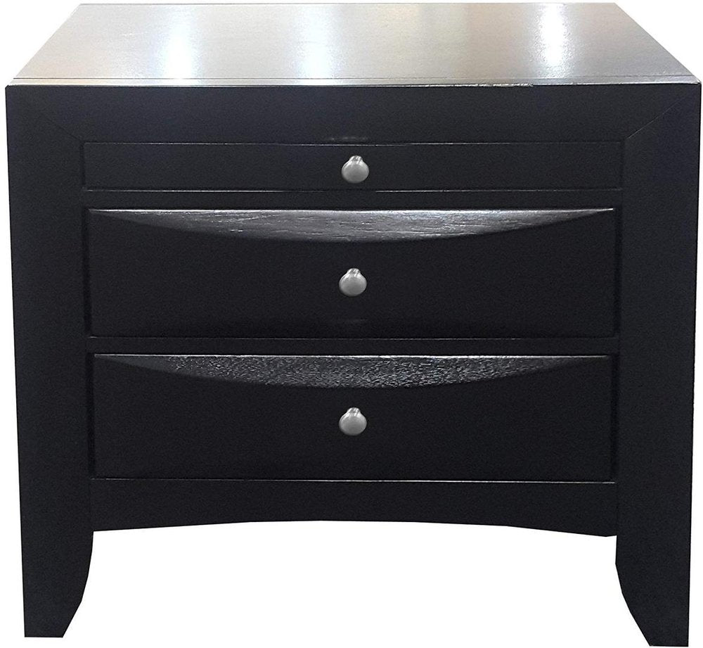 25" Black Solid Wood Three Drawer Nightstand