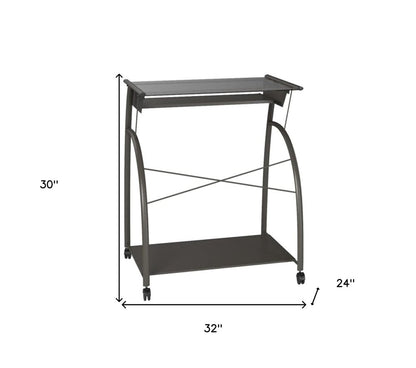 32" Clear and Silver Glass and Stainless Steel Mirrored Rolling Computer Desk