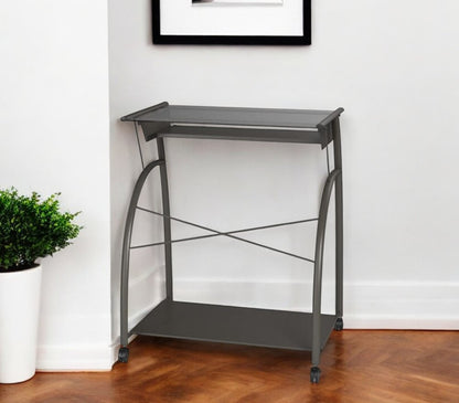 32" Clear and Silver Glass and Stainless Steel Mirrored Rolling Computer Desk