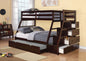 98" X 56" X 65" Espresso Pine Wood Bunk Bed (Twin/Full) With Trundle