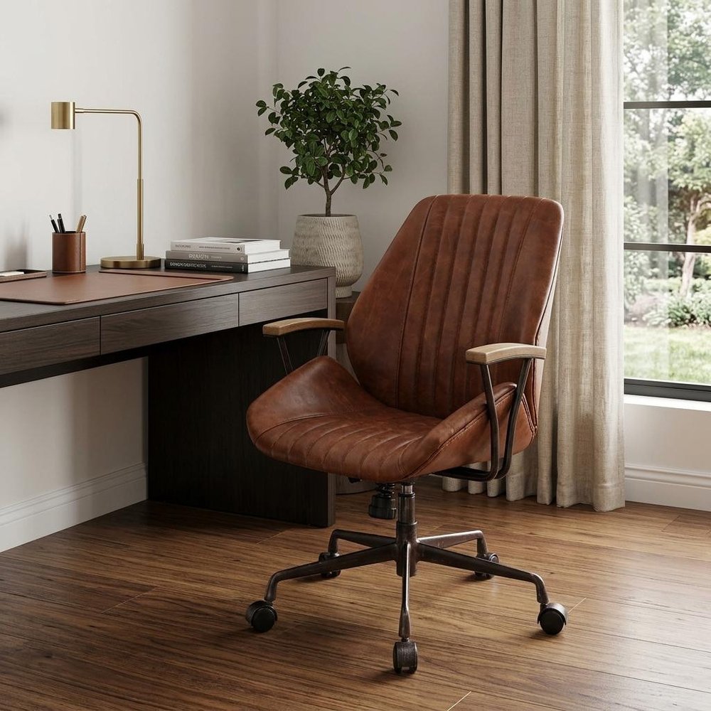 Brown Adjustable Swivel Leather Rolling Executive Office Chair