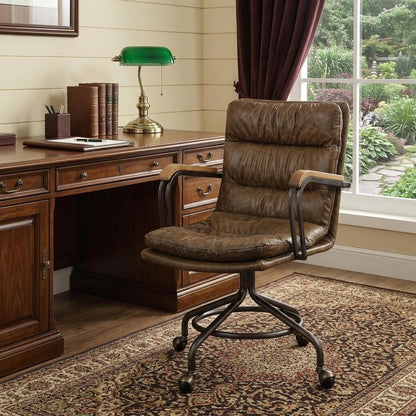 Navy Blue and Dark Brown Swivel Rolling Executive Office Chair
