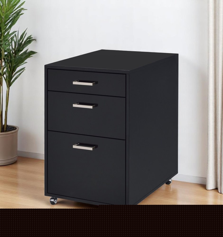 28" Black Wood And Metal Three Drawers Filing Cabinet
