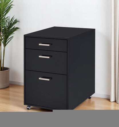 28" Black Wood And Metal Three Drawers Filing Cabinet