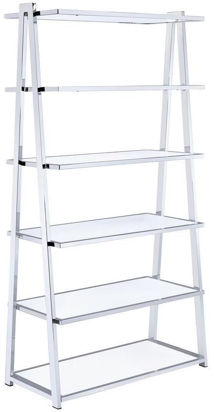 71" White and Silver Metal and Glass Five Tier Ladder Bookcase