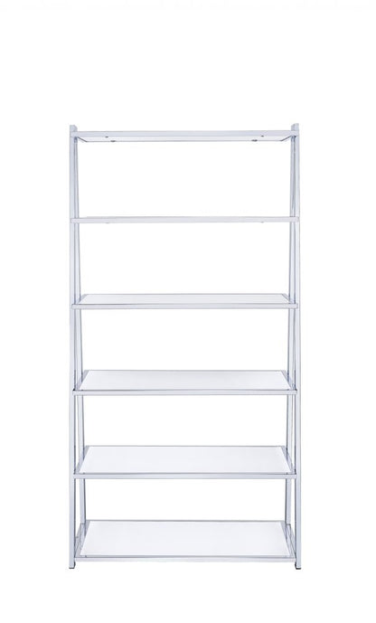 White And Silver Metal and Glass Five Tier Ladder Bookcase