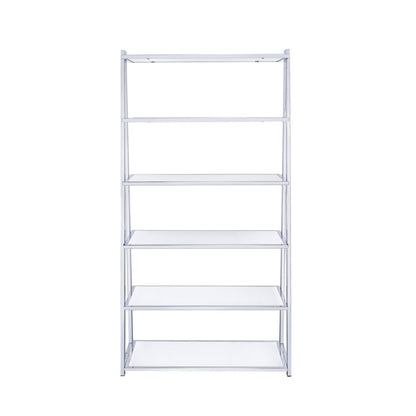 White And Silver Metal and Glass Five Tier Ladder Bookcase