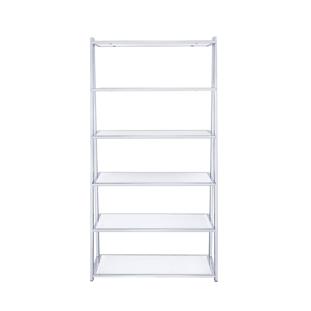 White And Silver Metal and Glass Five Tier Ladder Bookcase