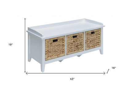 43" White Solid Wood Storage Bench With Baskets