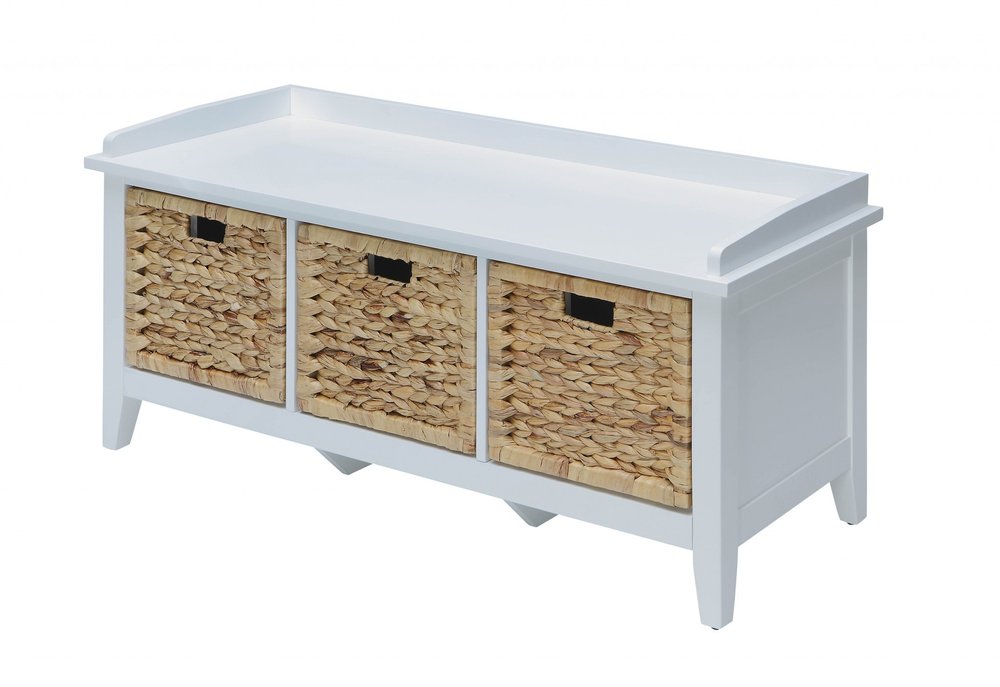 43" White Solid Wood Storage Bench With Baskets