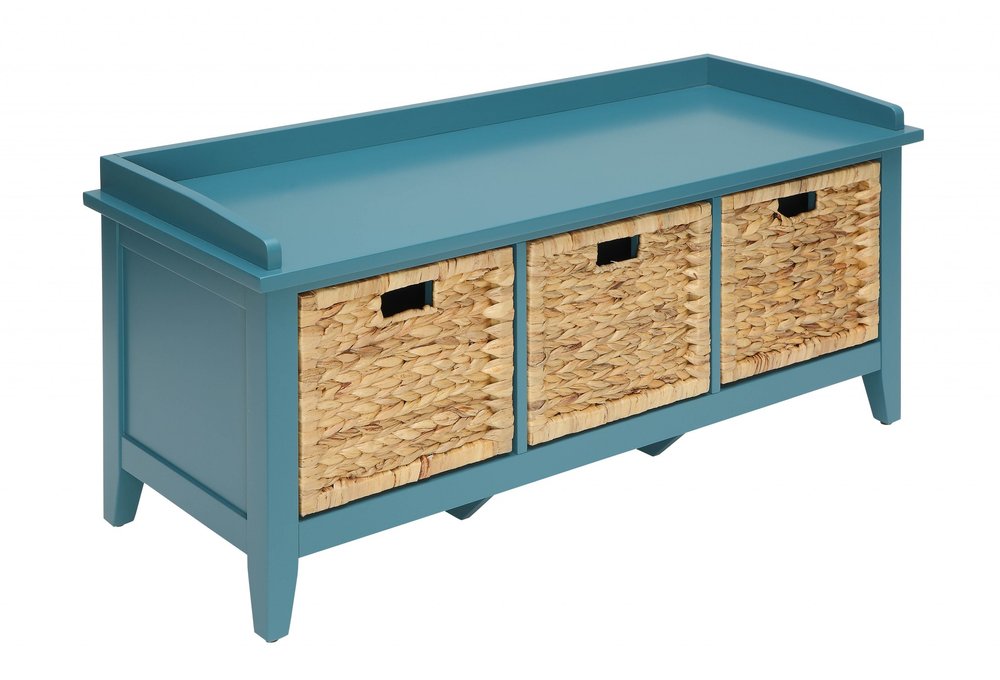 43" White Solid Wood Storage Bench With Baskets